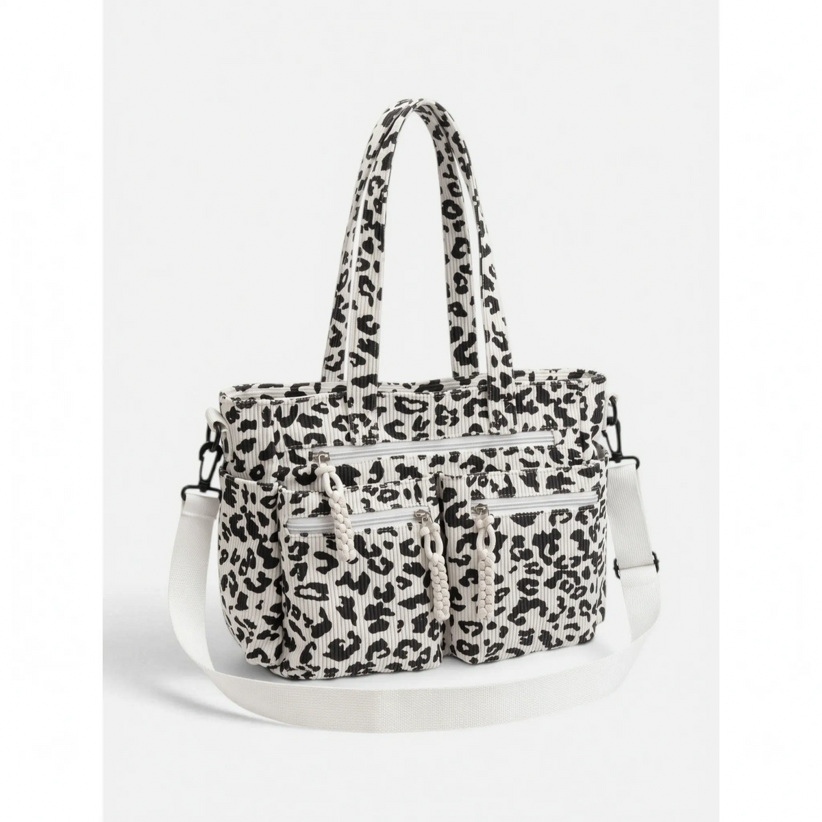 Women's ribbed leopard print tote bag with multiple front pockets and shoulder strap