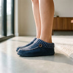 Women's cushioned slip-on house slippers with ribbed collars and stitched trim