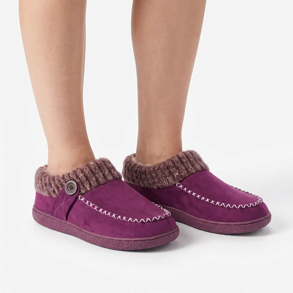 Women's cushioned slip-on house slippers with ribbed collars and stitched trim