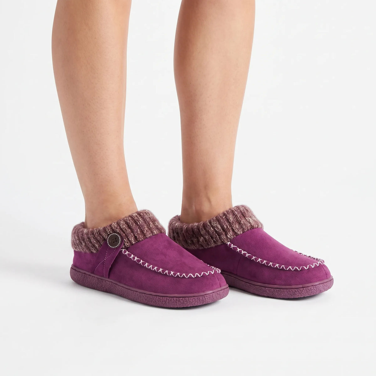 Women's cushioned slip-on house slippers with ribbed collars and stitched trim
