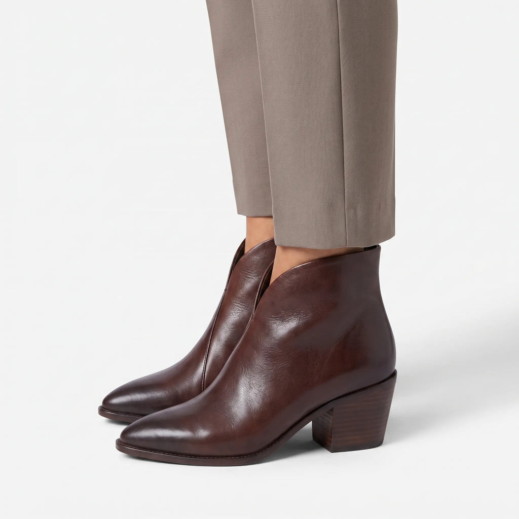 Women's pointed-toe ankle boots with V-cut fronts and block heels