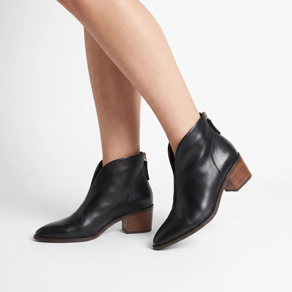 Women's pointed-toe ankle boots with V-cut fronts and block heels