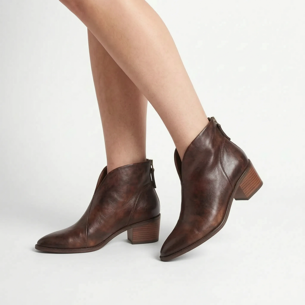 Women's pointed-toe ankle boots with V-cut fronts and block heels