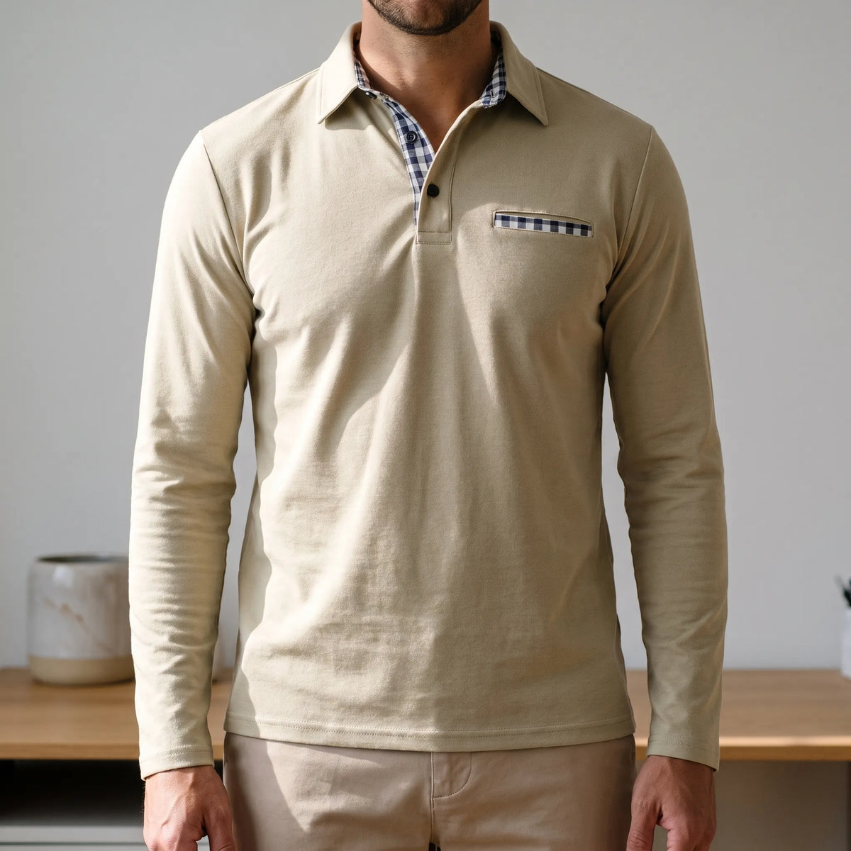 Men's long sleeve polo shirt with gingham collar and chest pocket detail