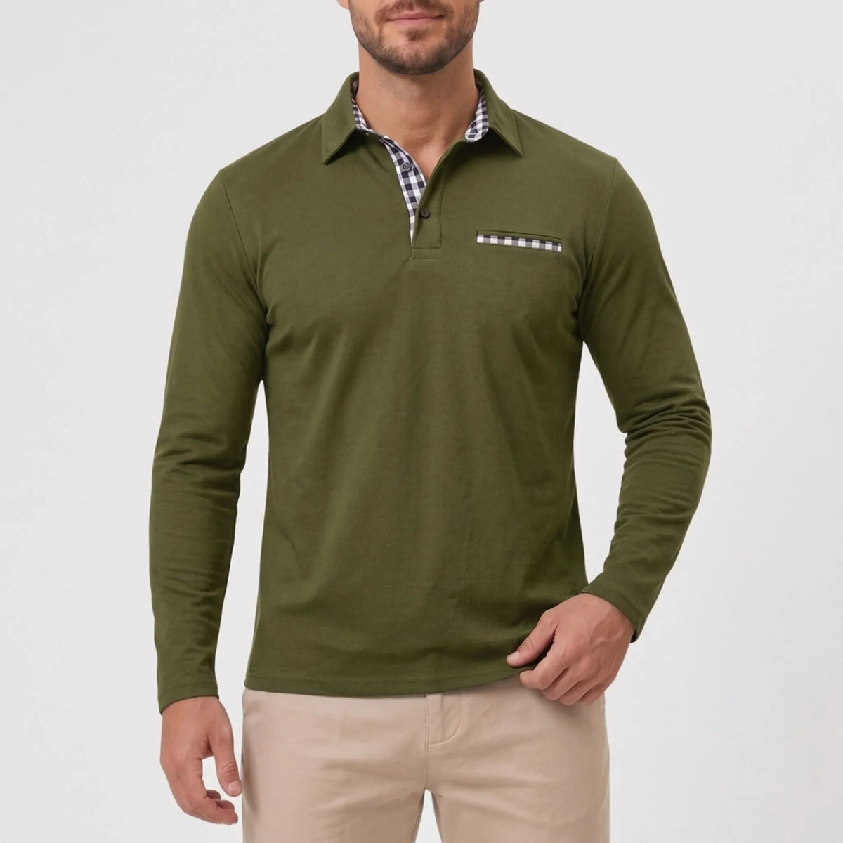 Men's long sleeve polo shirt with gingham collar and chest pocket detail