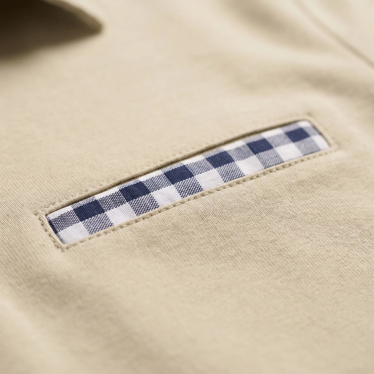 Men's long sleeve polo shirt with gingham collar and chest pocket detail
