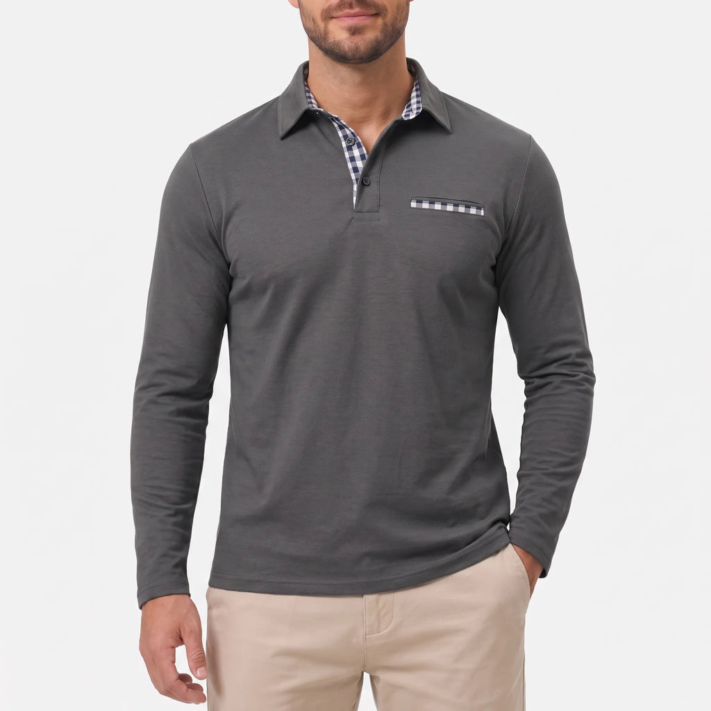 Men's long sleeve polo shirt with gingham collar and chest pocket detail