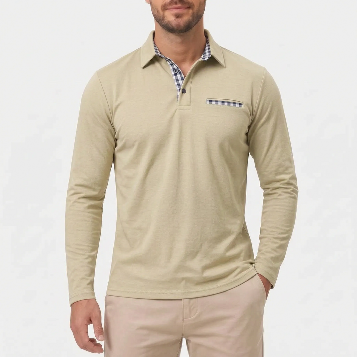 Men's long sleeve polo shirt with gingham collar and chest pocket detail