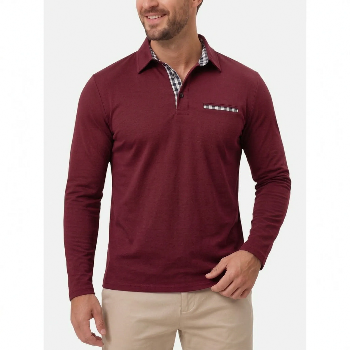 Men's long sleeve polo shirt with gingham collar and chest pocket detail