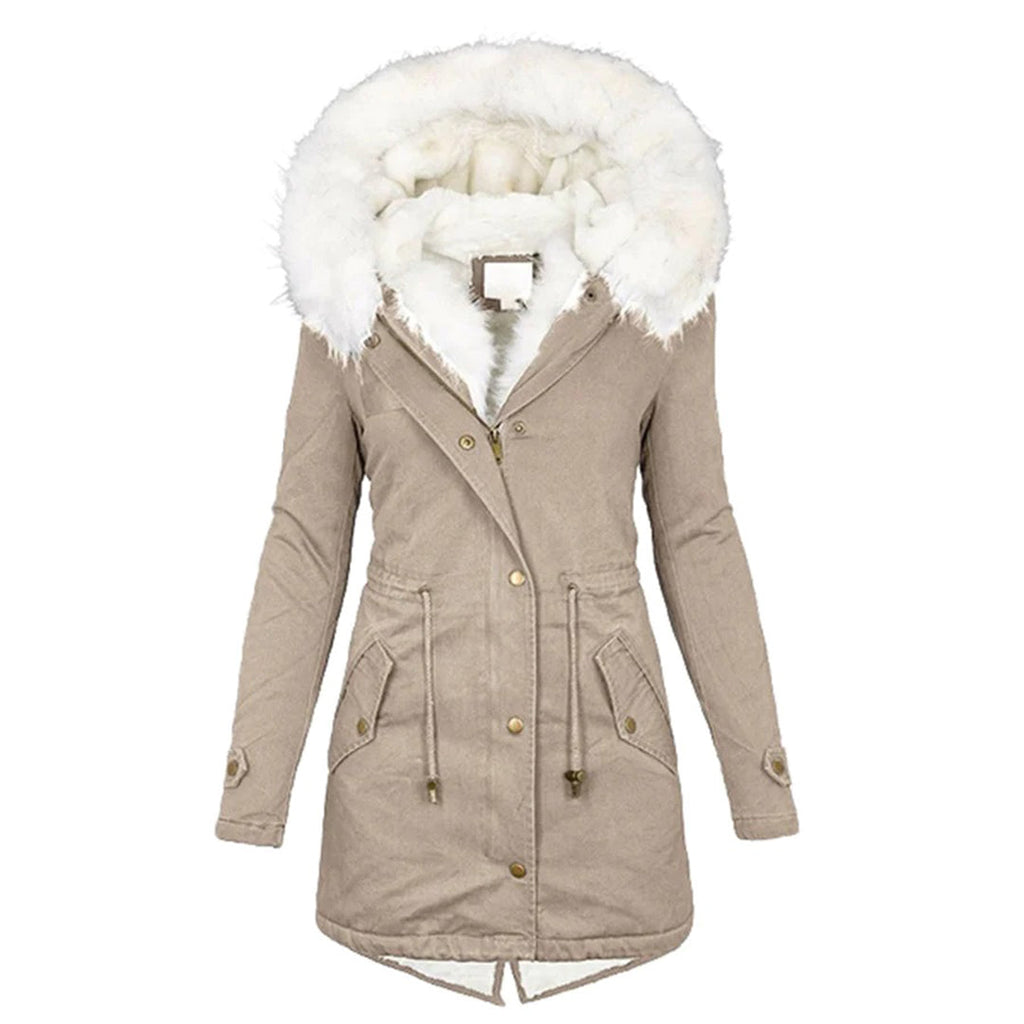 Women's long parka coat with hood and contrasting faux fur-style trim