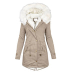 Women's long parka coat with hood and contrasting faux fur-style trim