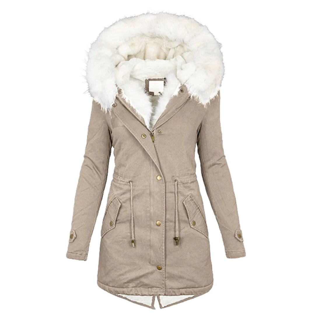 Women's long parka coat with hood and contrasting faux fur-style trim