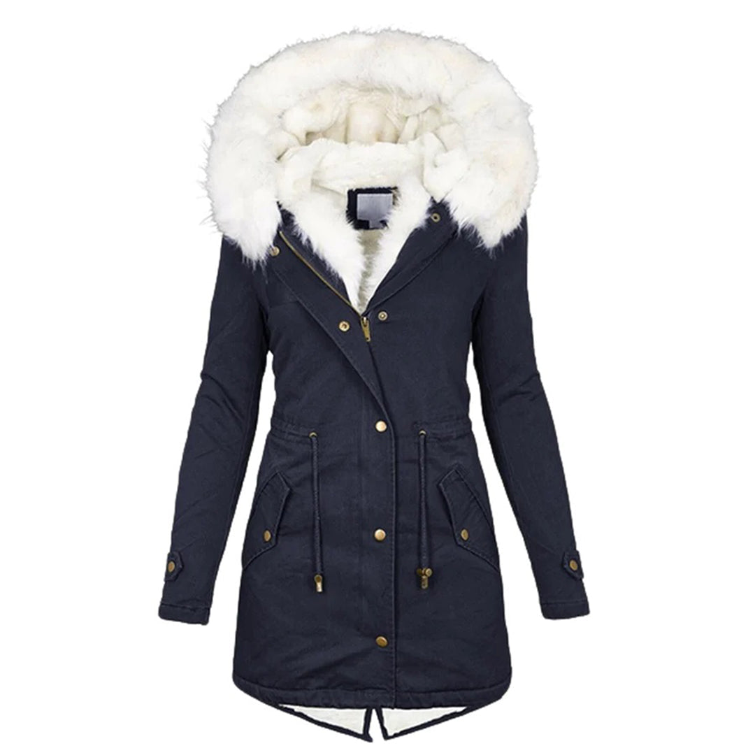 Women's long parka coat with hood and contrasting faux fur-style trim