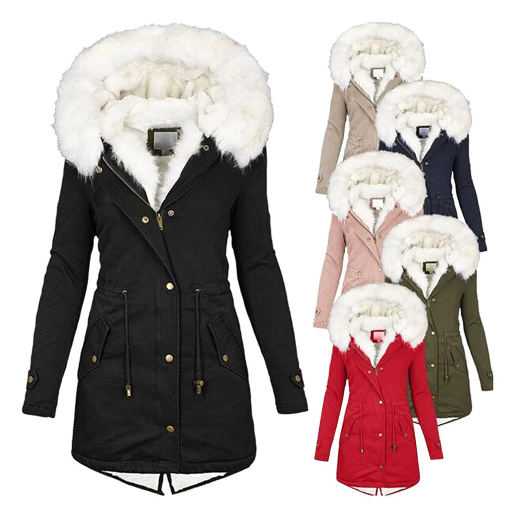 Women's long parka coat with hood and contrasting faux fur-style trim