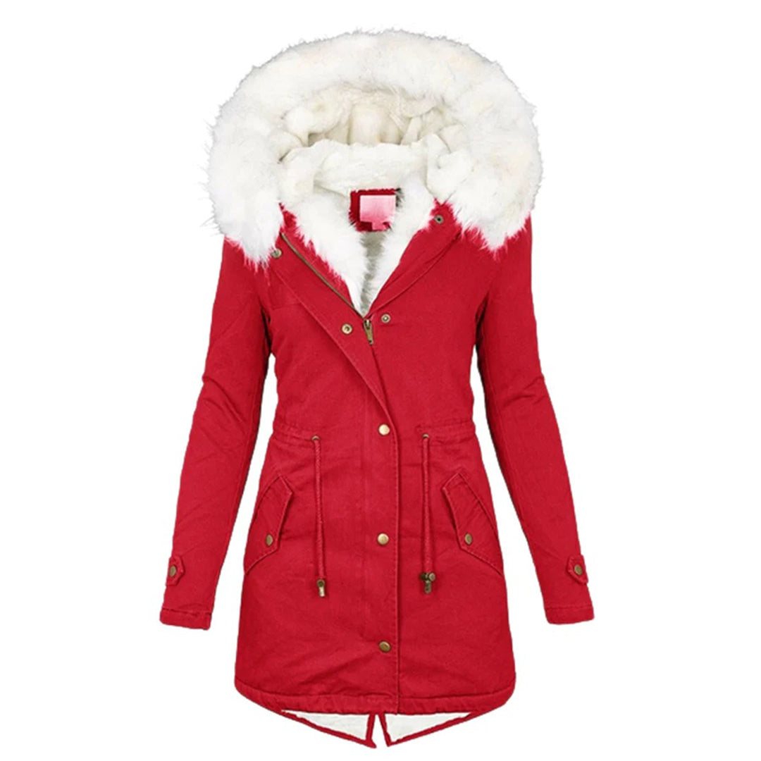 Women's long parka coat with hood and contrasting faux fur-style trim
