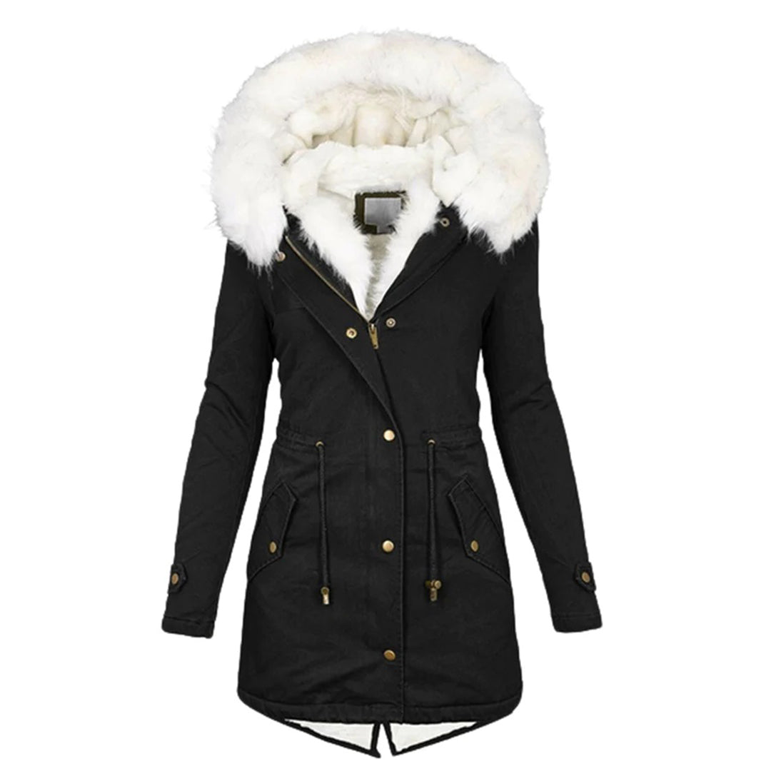 Women's long parka coat with hood and contrasting faux fur-style trim