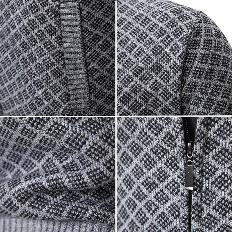 Men's geometric patterned zip sweater jacket with stand collar and ribbed trims