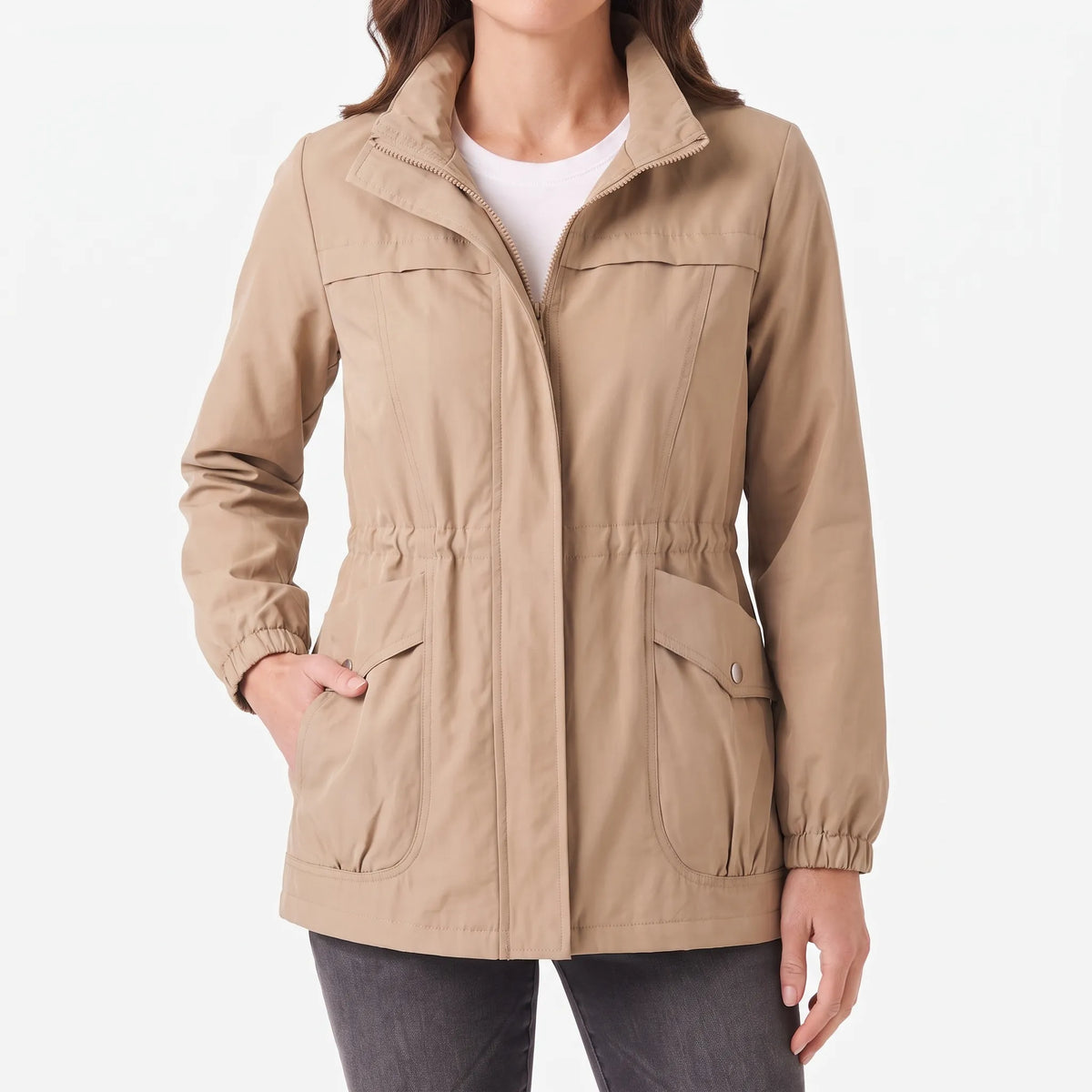 Women's lightweight utility jacket with mock collar, zip fastening and multiple pockets