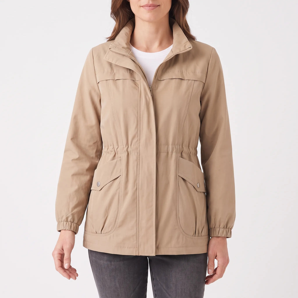 Women's lightweight utility jacket with mock collar, zip fastening and multiple pockets