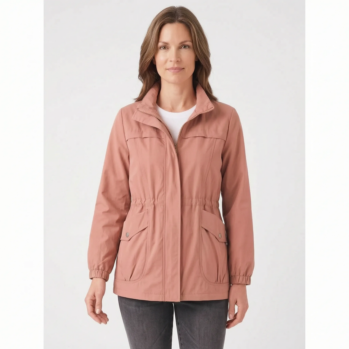 Women's lightweight utility jacket with mock collar, zip fastening and multiple pockets