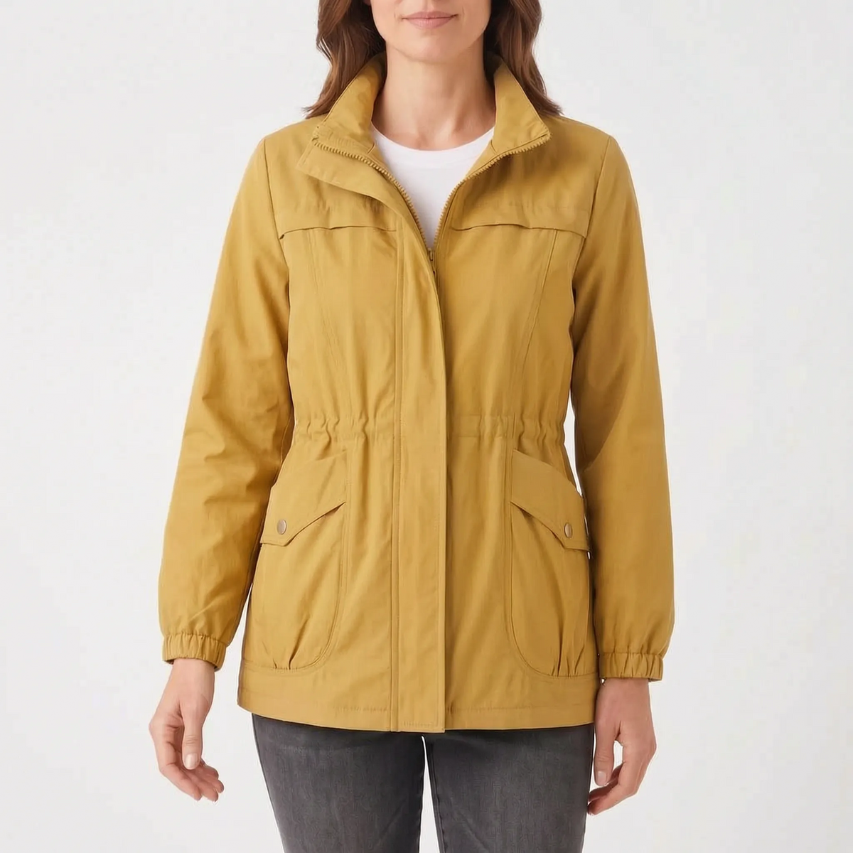 Women's lightweight utility jacket with mock collar, zip fastening and multiple pockets
