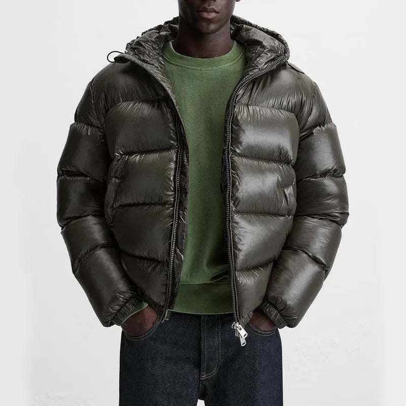 Men's hooded quilted puffer jacket with zip fastening and front pockets