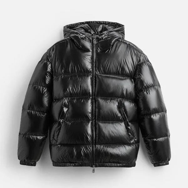Men's hooded quilted puffer jacket with zip fastening and front pockets
