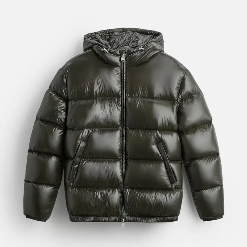 Men's hooded quilted puffer jacket with zip fastening and front pockets