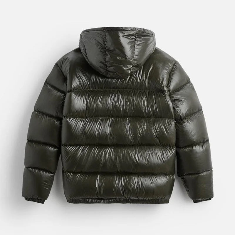Men's hooded quilted puffer jacket with zip fastening and front pockets