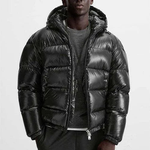 Men's hooded quilted puffer jacket with zip fastening and front pockets