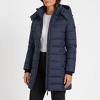 Women's longline quilted hooded puffer jacket with zip front and side pockets