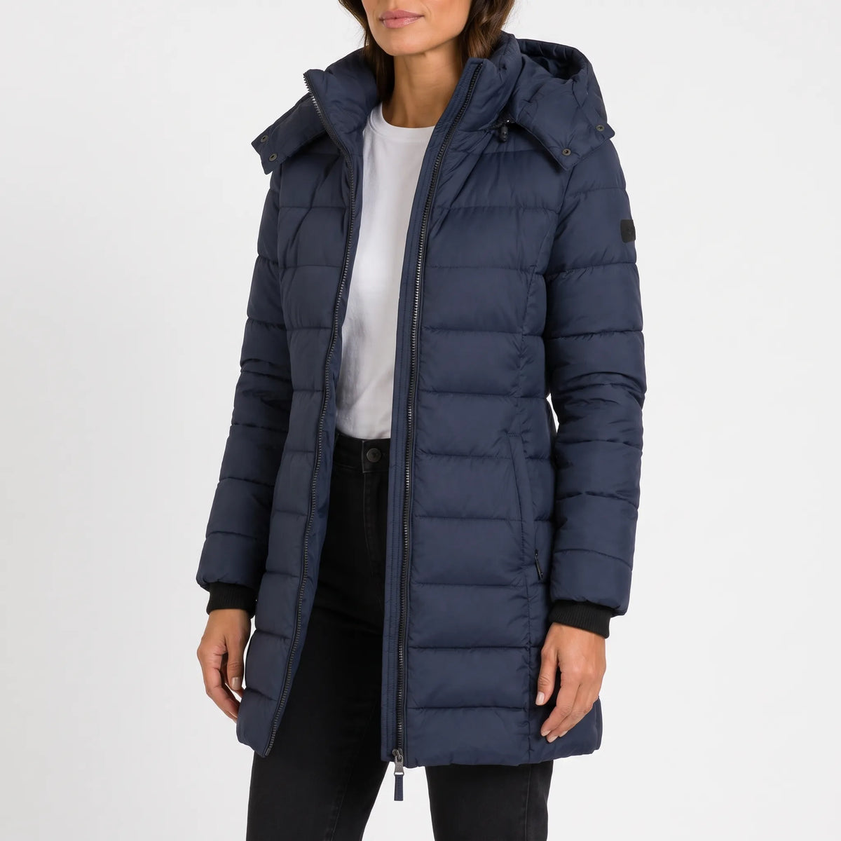 Women's longline quilted hooded puffer jacket with zip front and side pockets