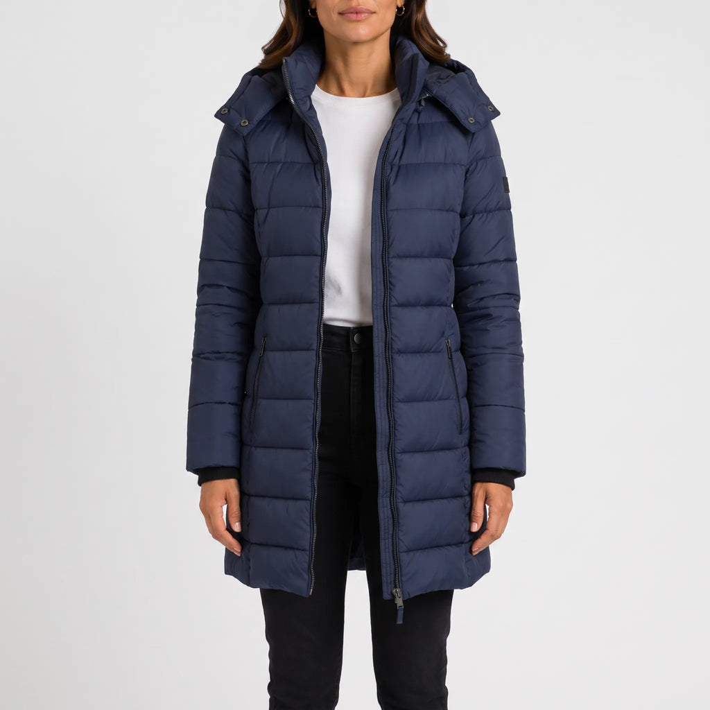 Women's longline quilted hooded puffer jacket with zip front and side pockets