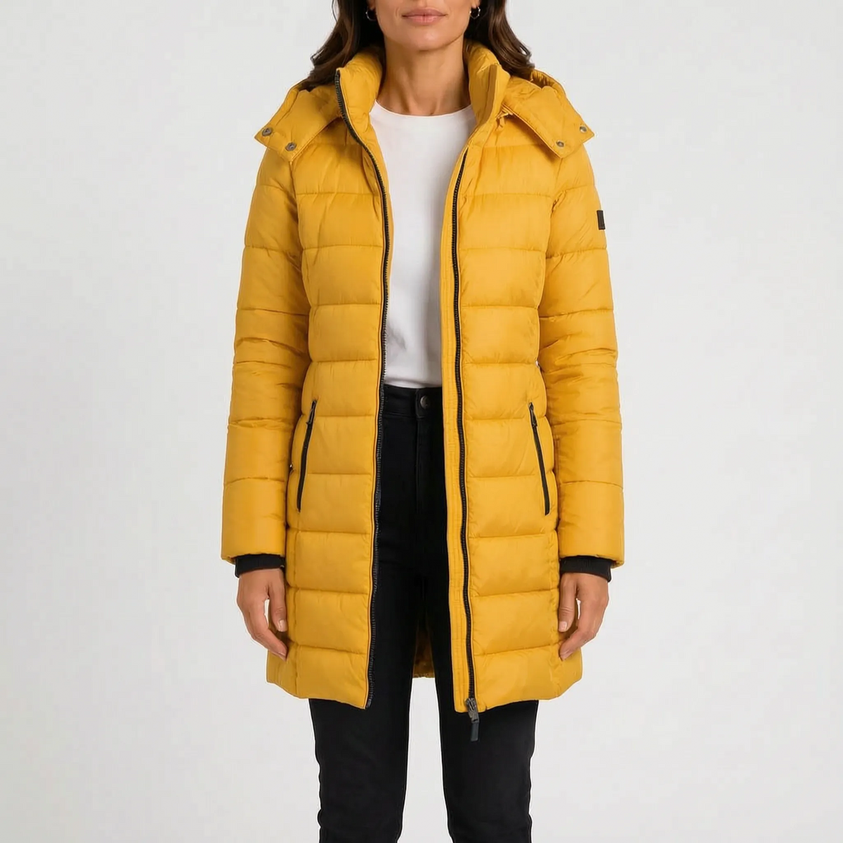 Women's longline quilted hooded puffer jacket with zip front and side pockets