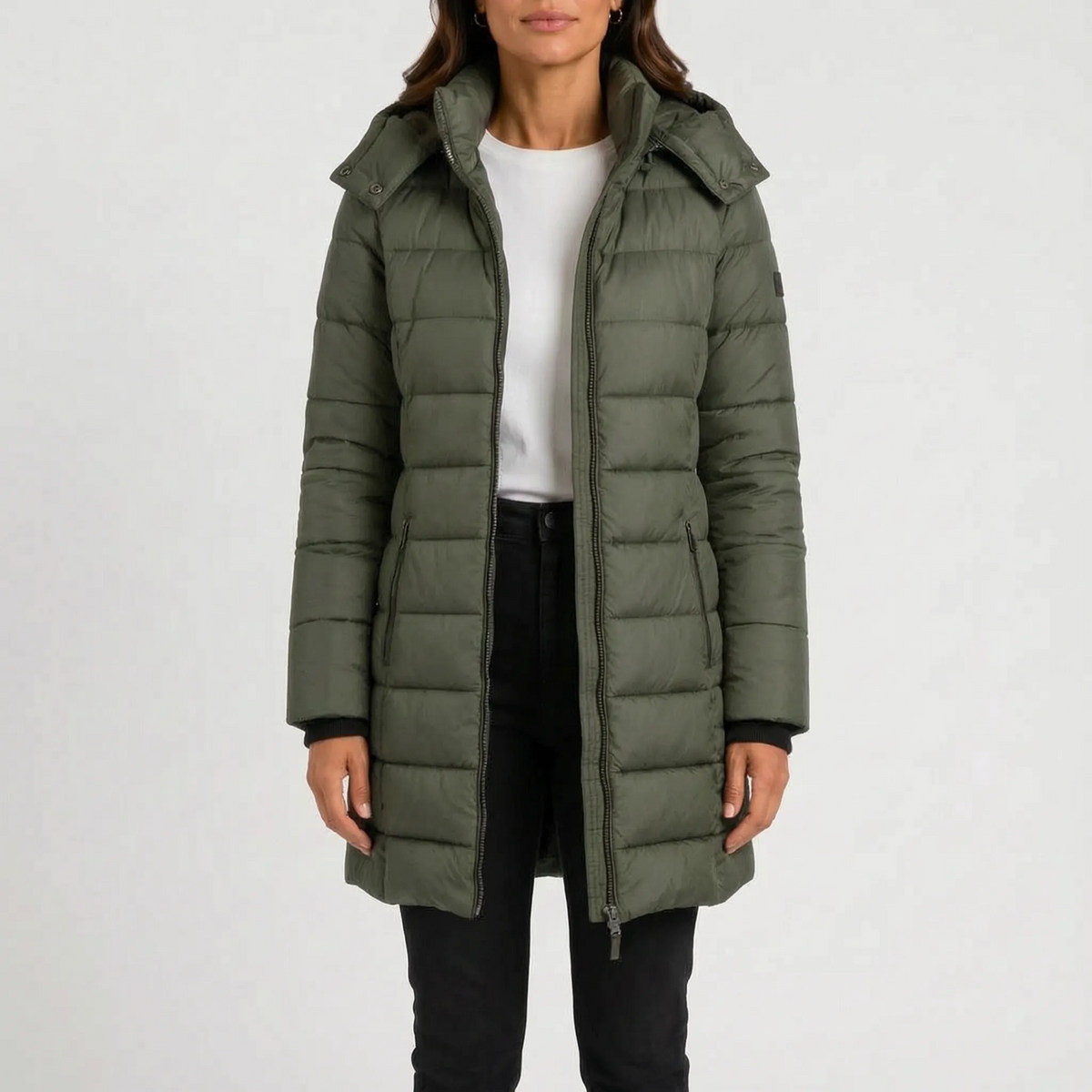 Women's longline quilted hooded puffer jacket with zip front and side pockets