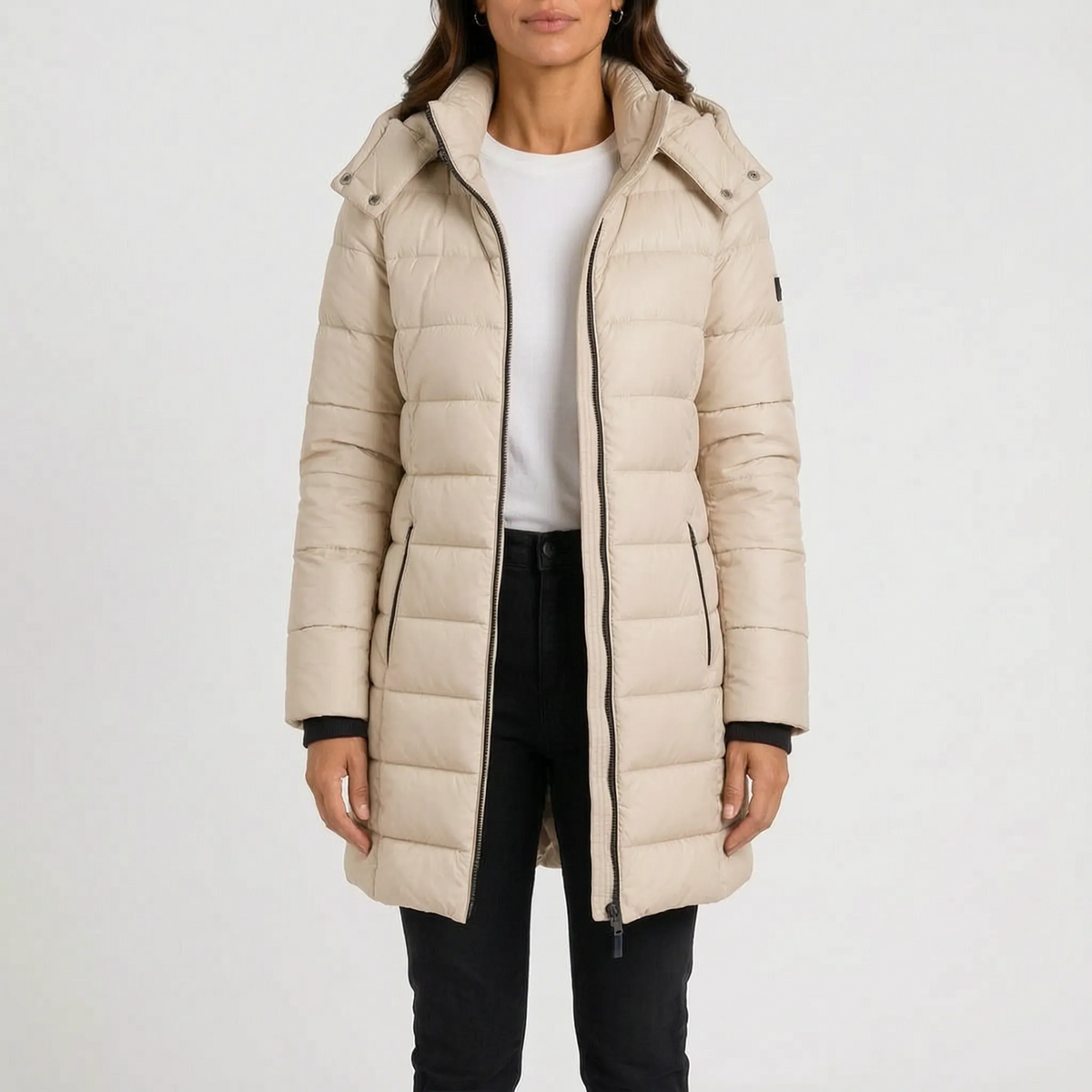 Women's longline quilted hooded puffer jacket with zip front and side pockets