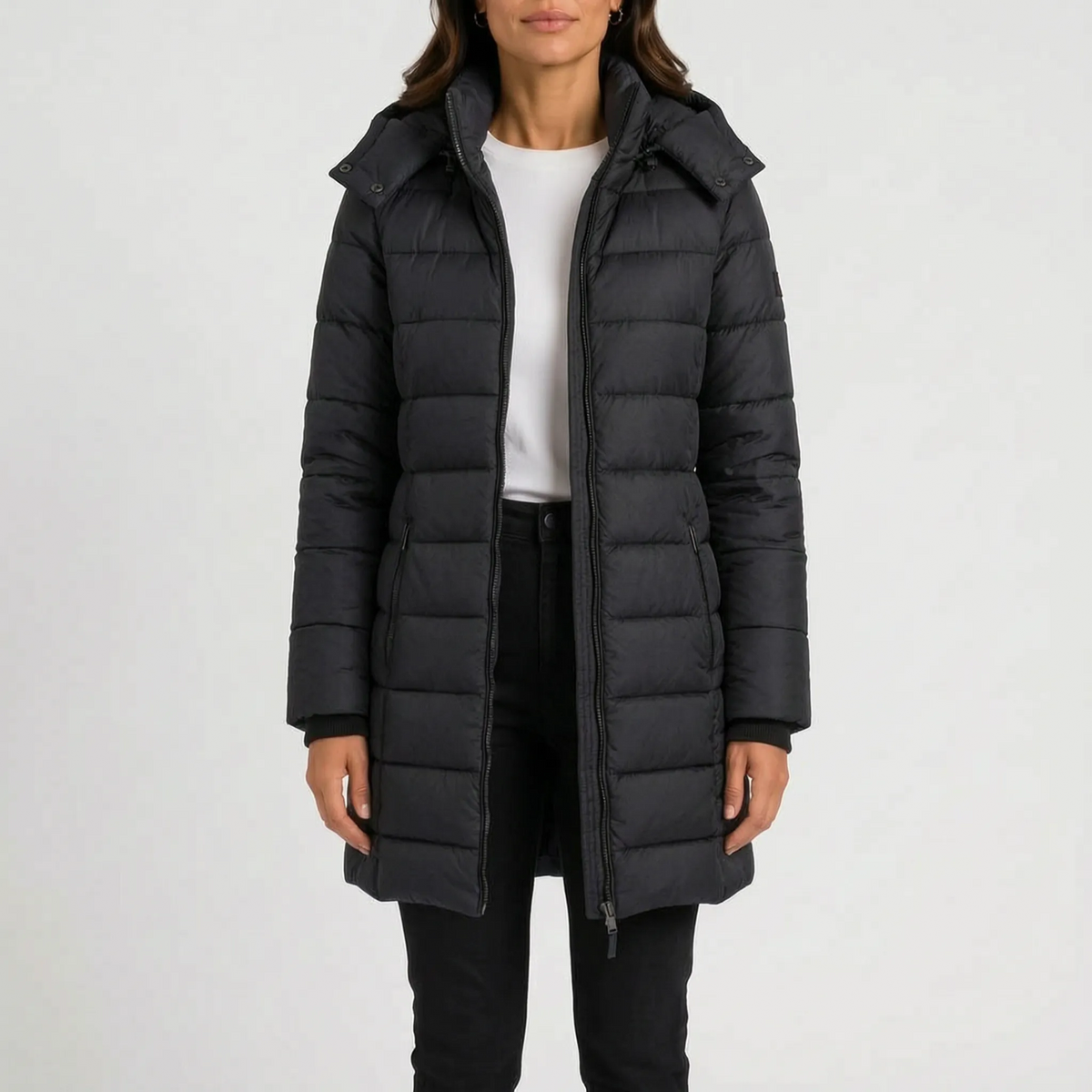 Women's longline quilted hooded puffer jacket with zip front and side pockets