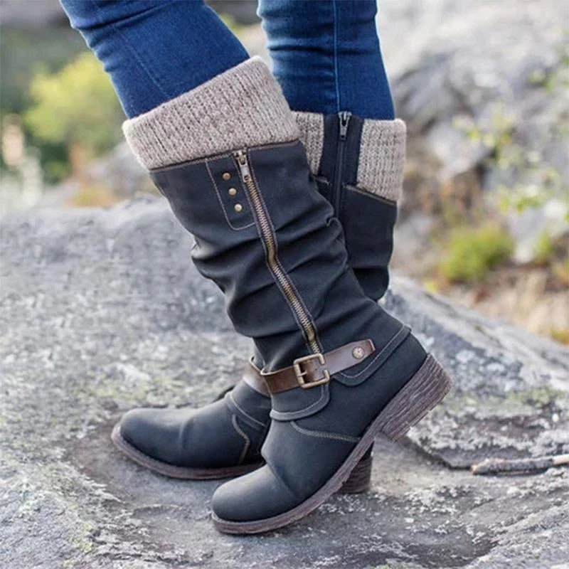 Women's mid-calf boots with side zips, buckle straps and ribbed cuffs
