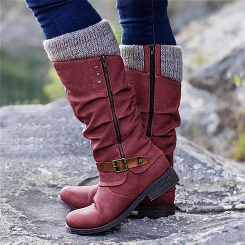 Women's mid-calf boots with side zips, buckle straps and ribbed cuffs