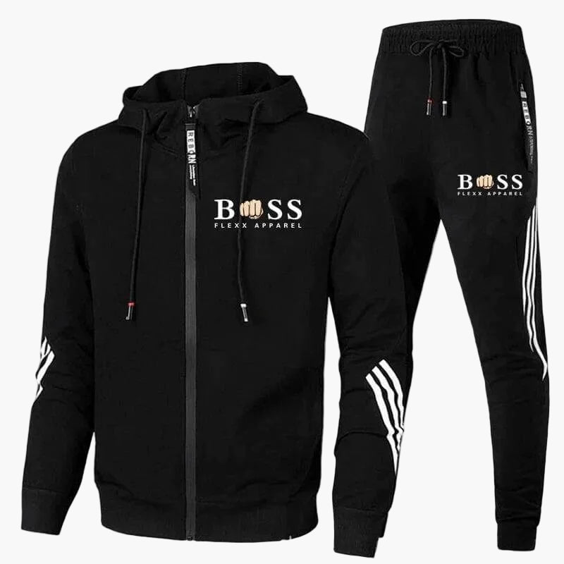Men's hooded tracksuit set with full-zip jacket and tapered jogger trousers