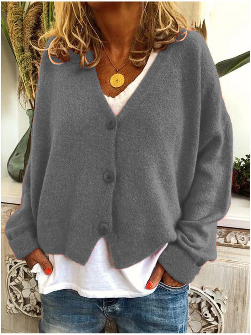 Women's long-sleeve V-neck button cardigan with ribbed cuffs and hem
