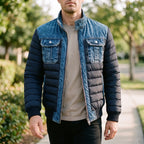 Men's navy quilted jacket with blue denim-look panels and chest pockets
