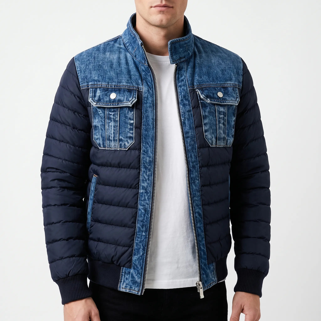 Men's navy quilted jacket with blue denim-look panels and chest pockets