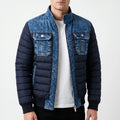 Men's navy quilted jacket with blue denim-look panels and chest pockets
