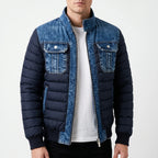 Men's navy quilted jacket with blue denim-look panels and chest pockets