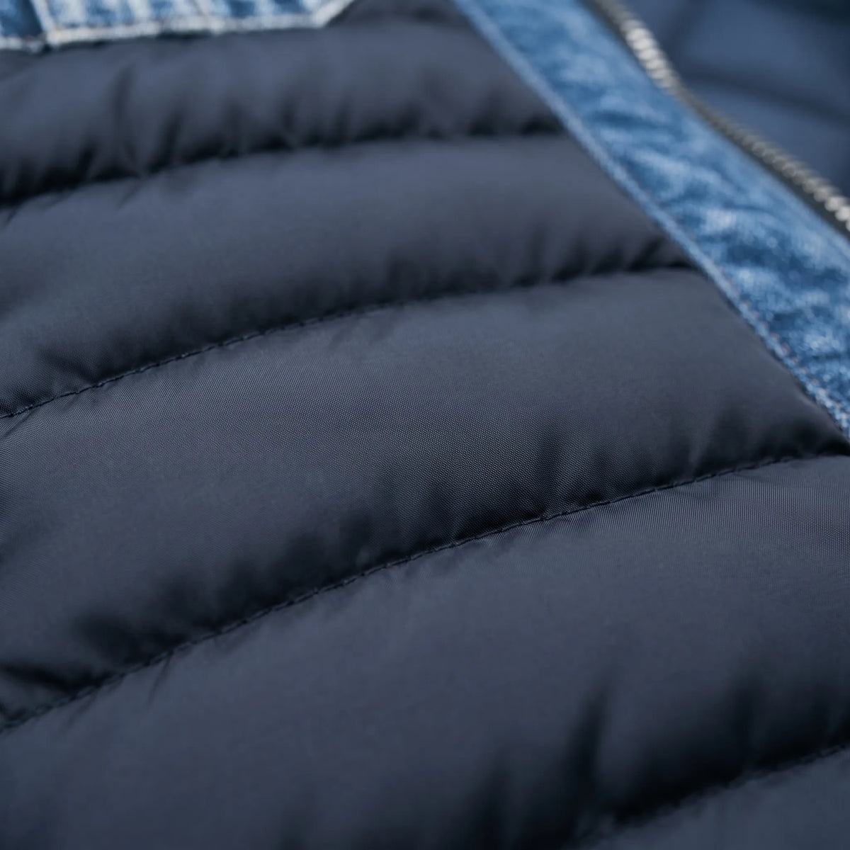 Men's navy quilted jacket with blue denim-look panels and chest pockets