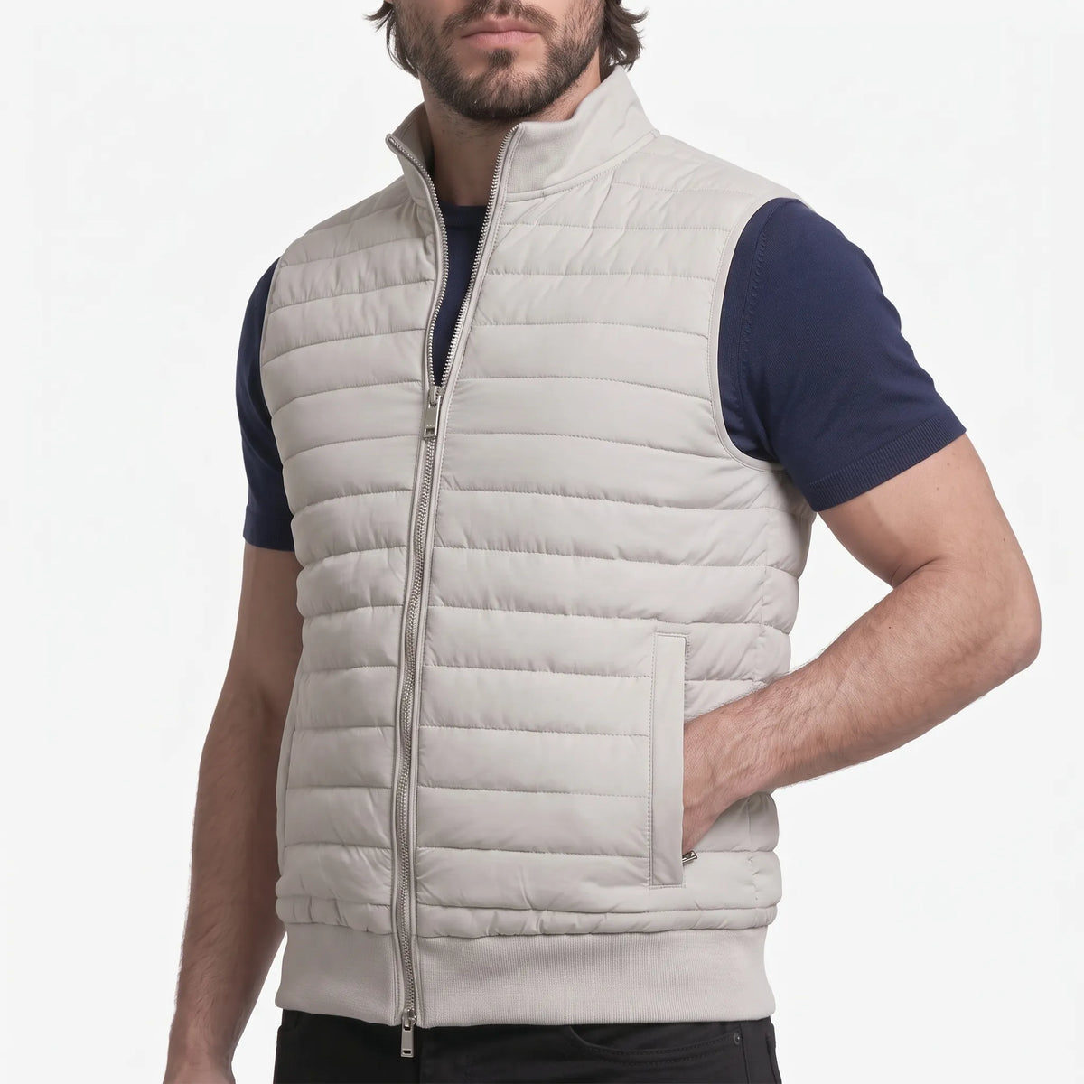 Men's sleeveless quilted gilet with stand collar and front zip