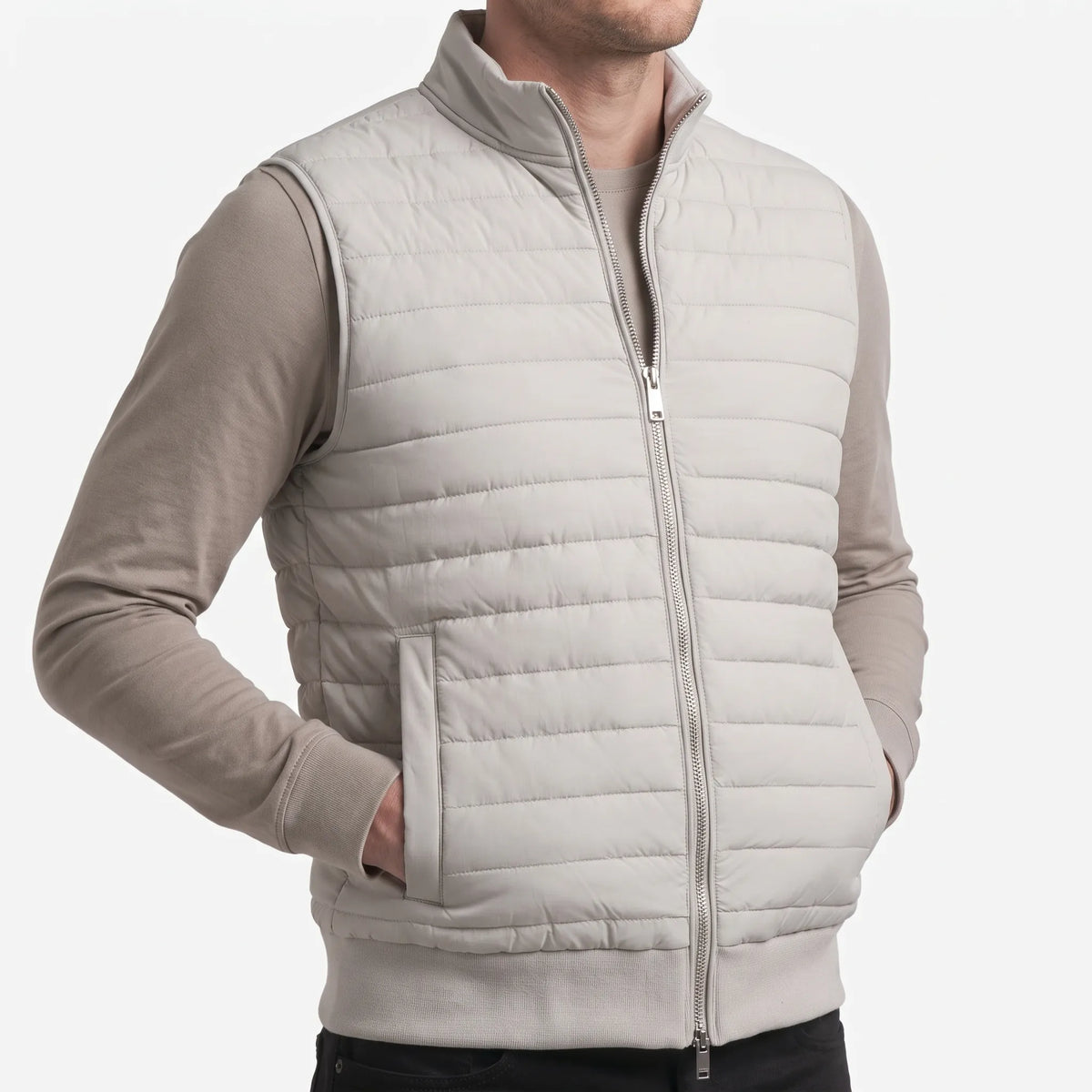 Men's sleeveless quilted gilet with stand collar and front zip