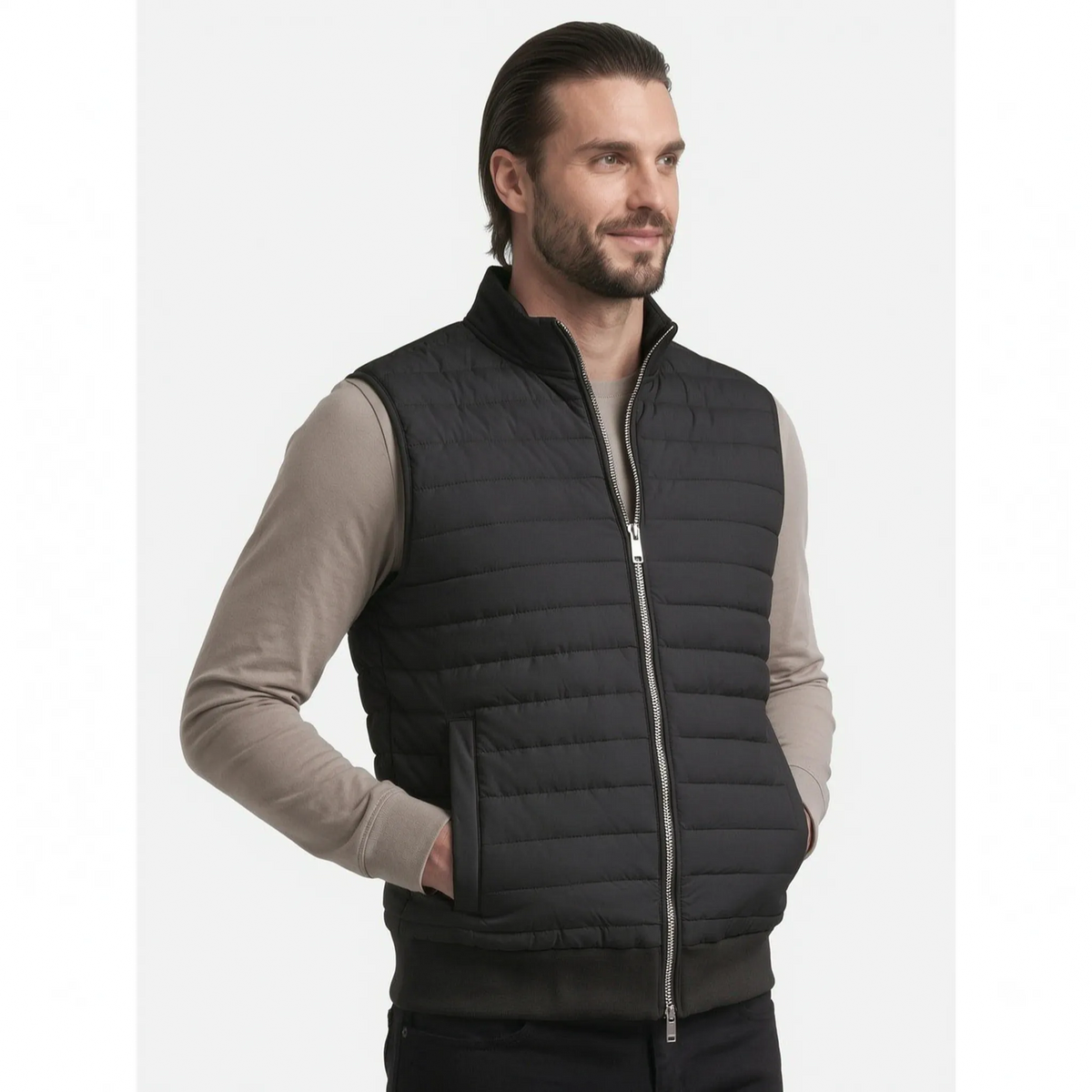 Men's sleeveless quilted gilet with stand collar and front zip