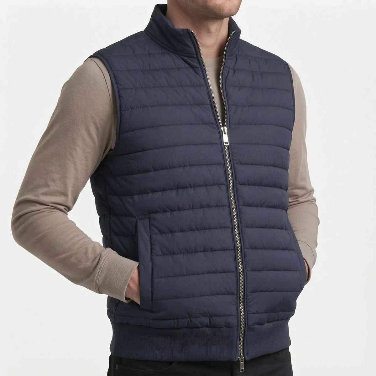 Men's sleeveless quilted gilet with stand collar and front zip